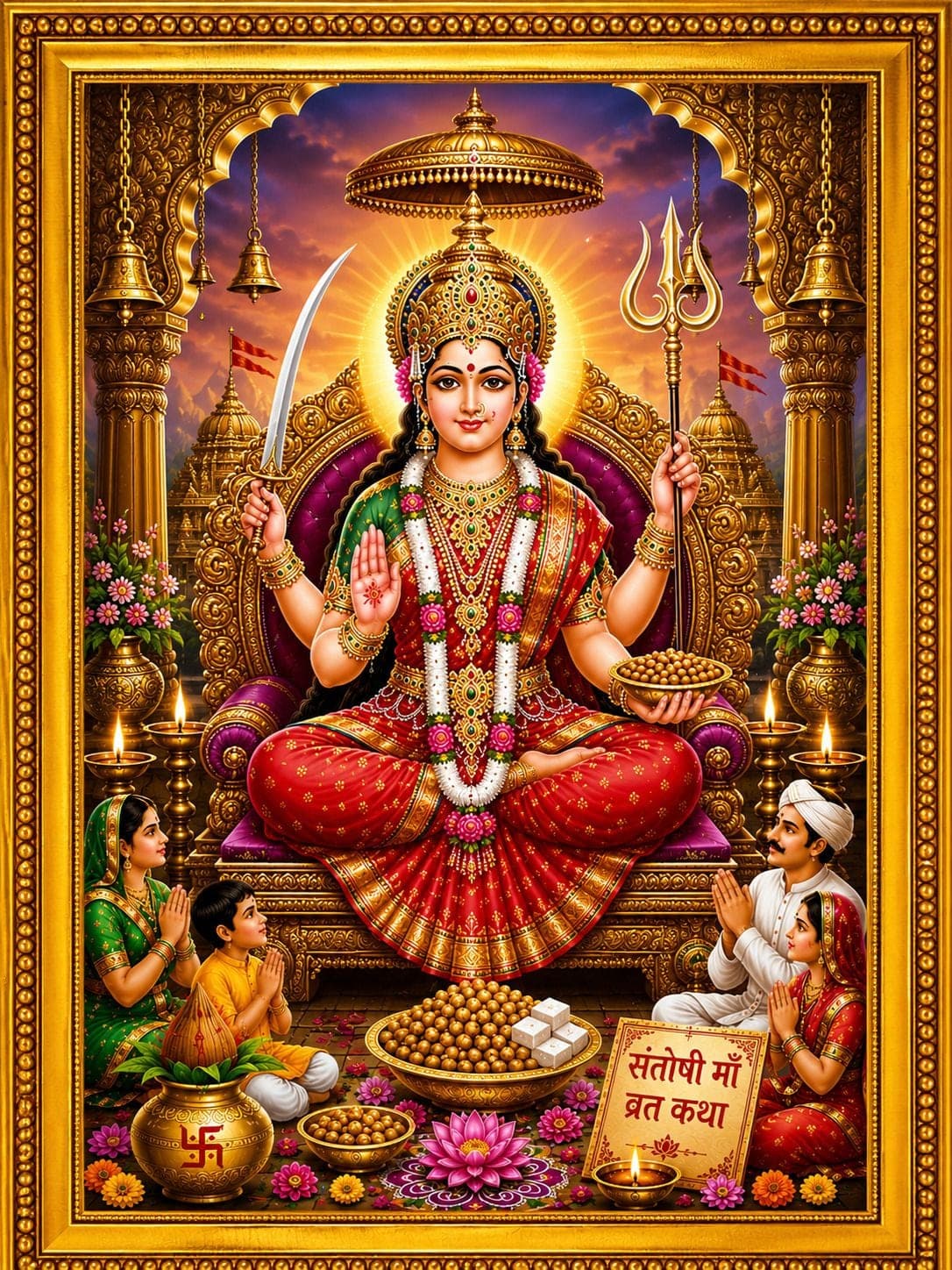 Santoshi Maa Vrat Katha Golden Frame — 24x19 cm