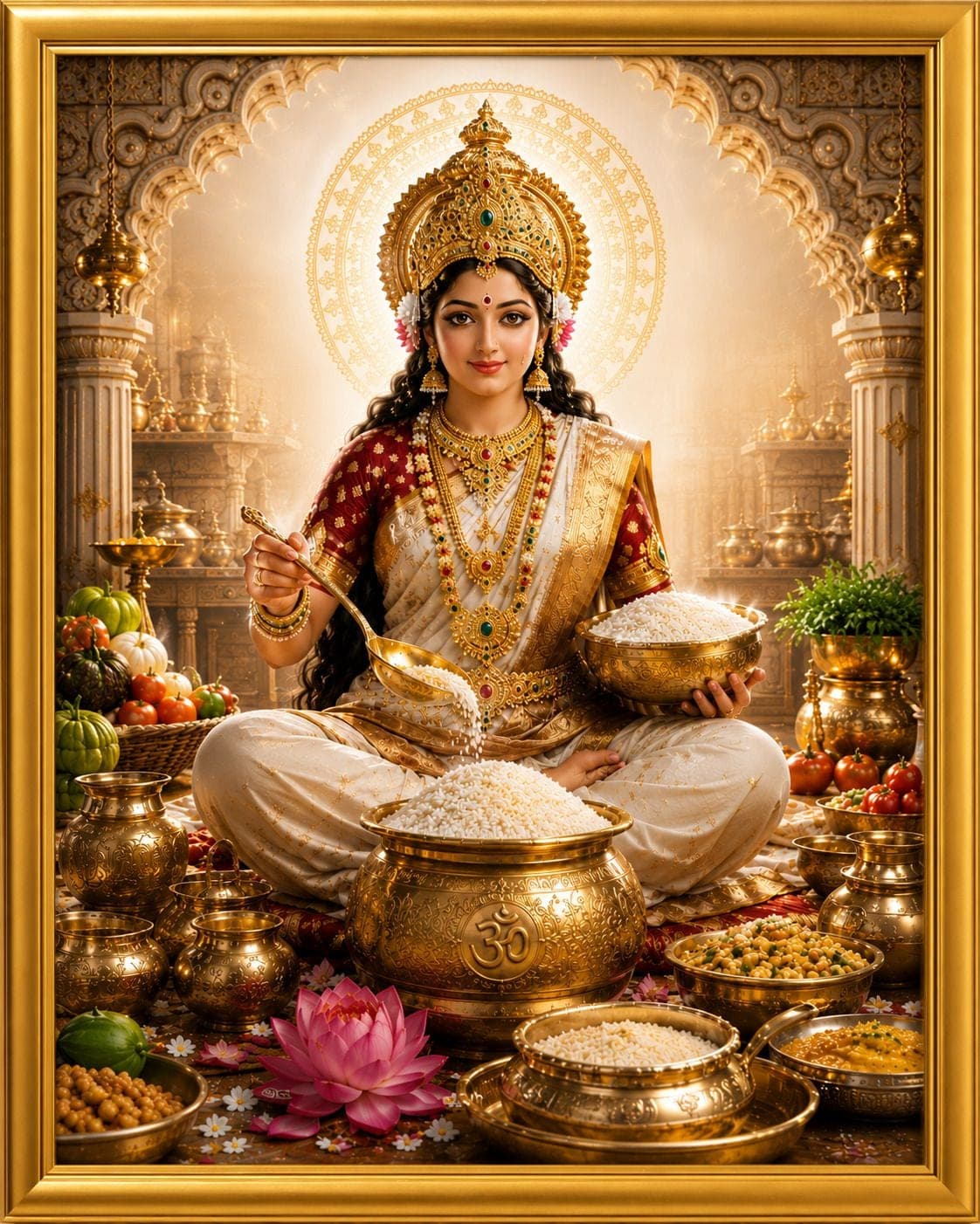 Maa Annapurna Devi Golden Frame Wall Photo for Pooja Room — 24x19 cm