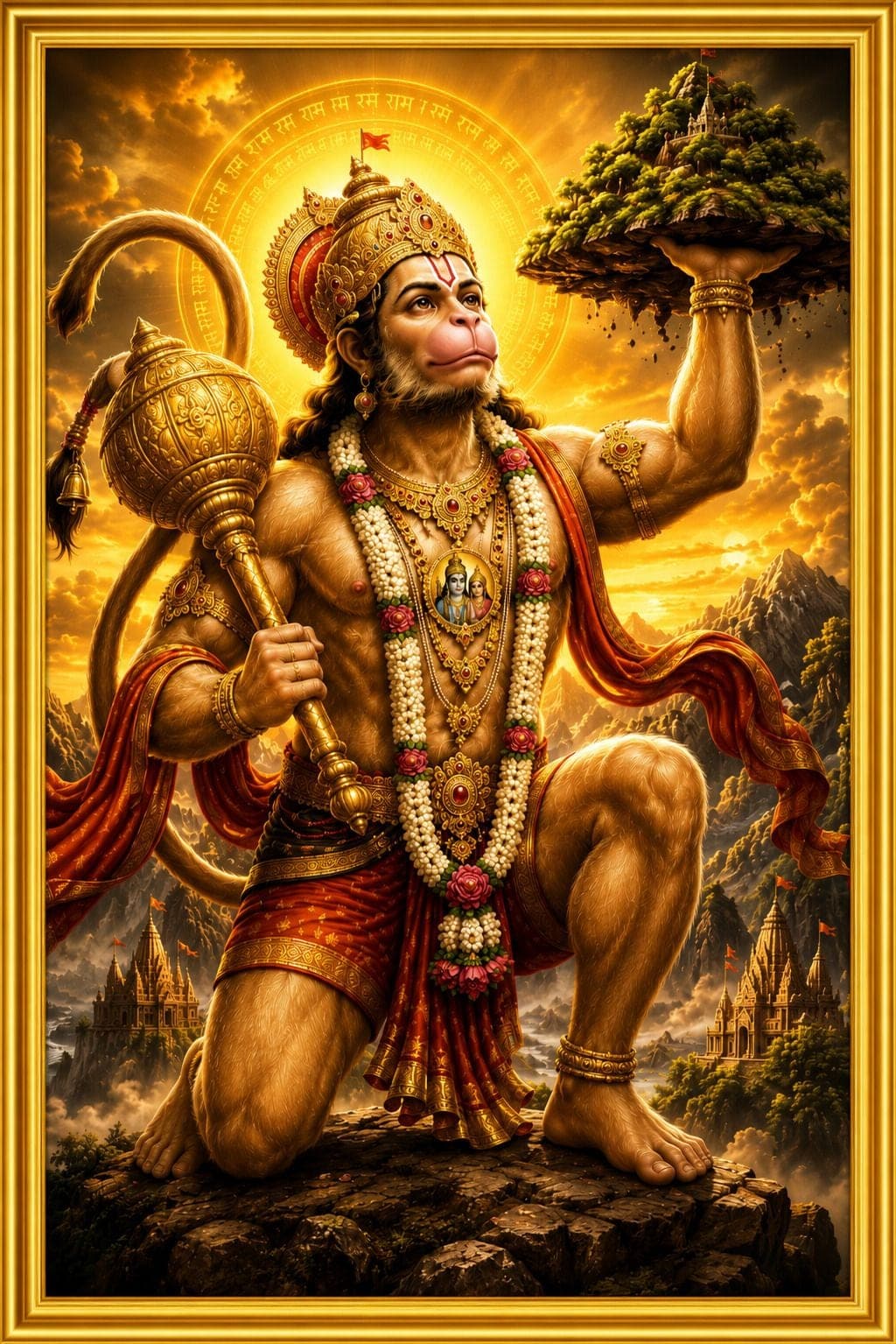 Lord Hanuman Ji Sanjeevani Mountain Golden Frame Wall Photo — 24x19 cm