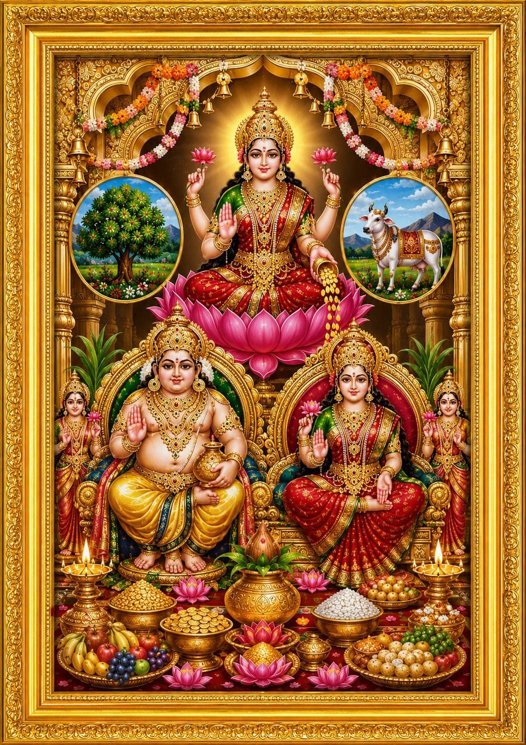 Lakshmi Kuber Dhan Varsha Photo Frame with Kamdhenu & Kalpavriksha — 24x19 cm