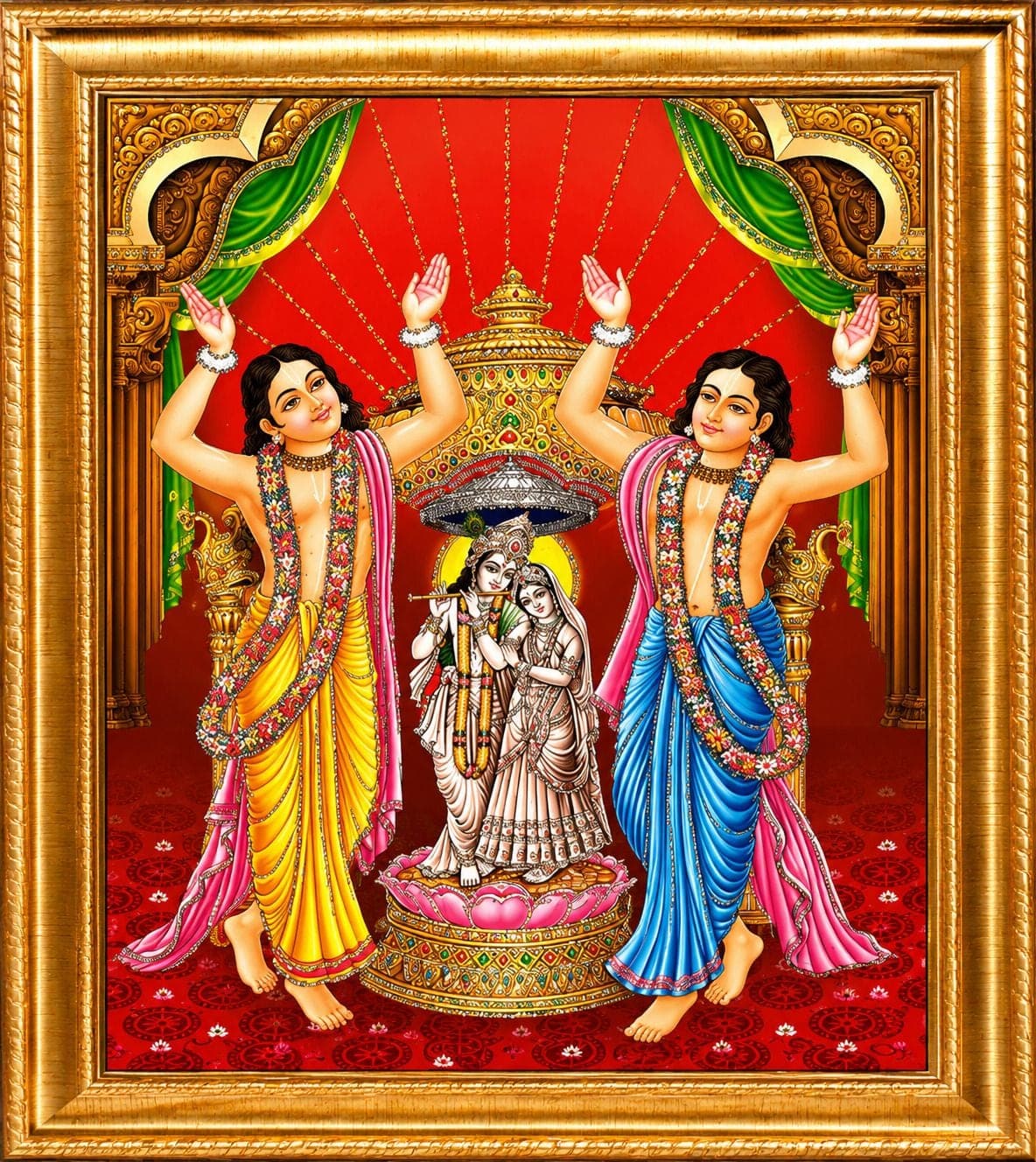 Radha Krishna with Gaur Nitai Golden Frame Wall Photo — 24x19 cm