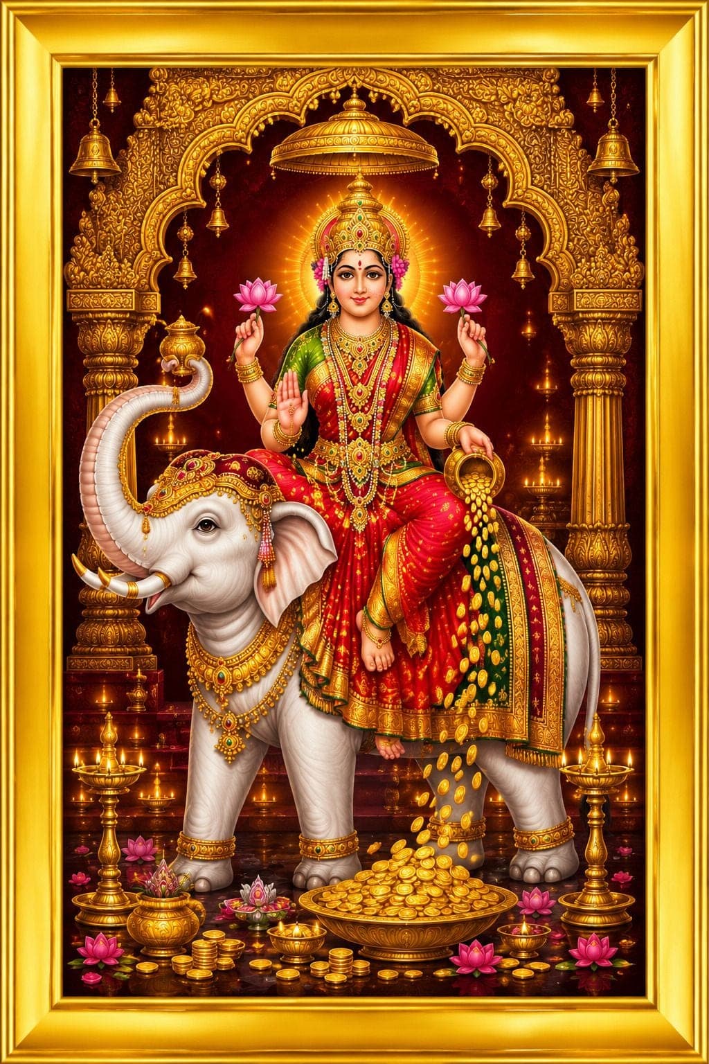 Maa Lakshmi on Airavat Elephant Golden Frame — 24x19 cm