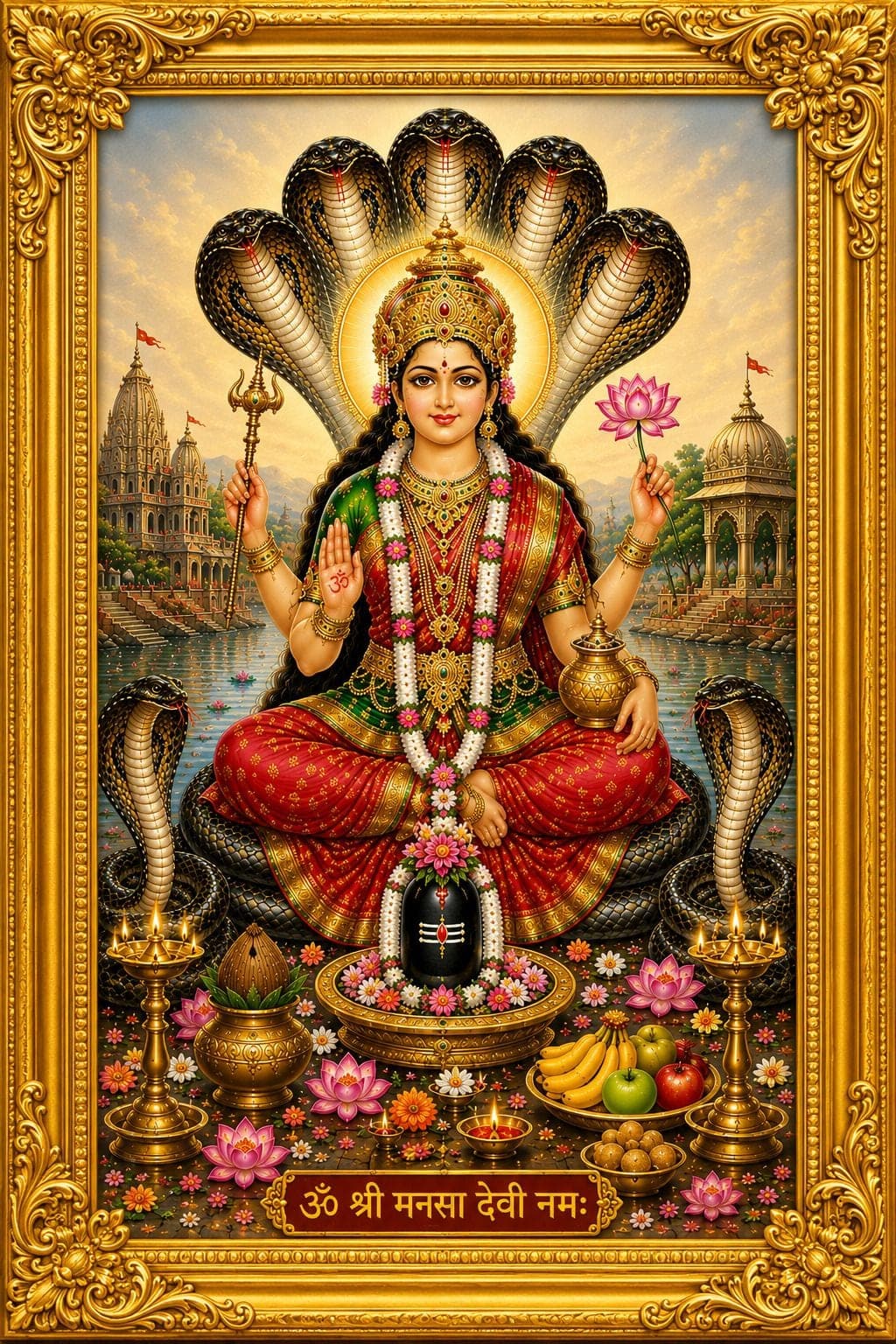 Maa Mansa Devi Photo Frame with Plain Golden Frame — 24x19 cm
