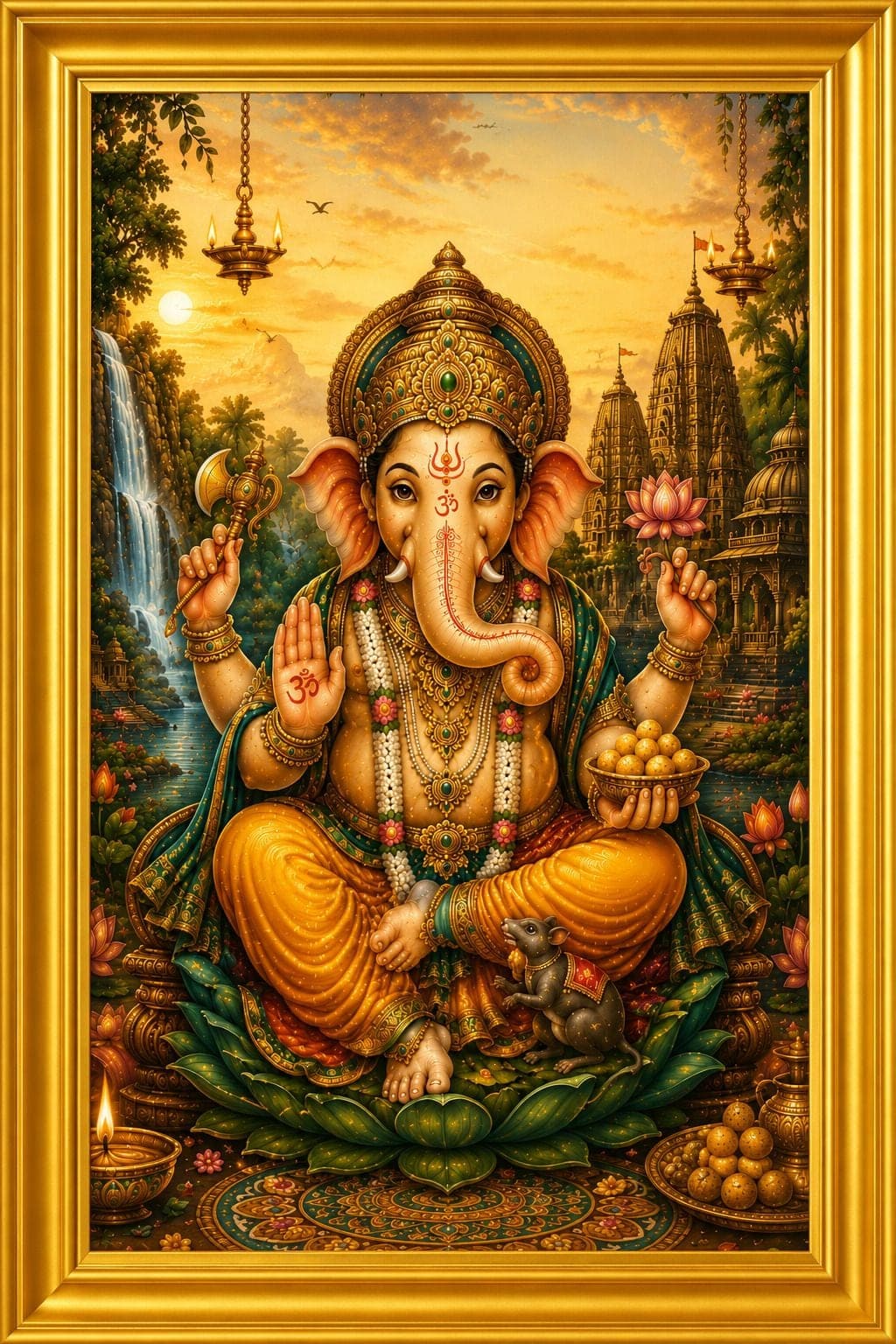 Lord Ganesha Golden Frame Wall Painting for Pooja Room — 24x19 cm
