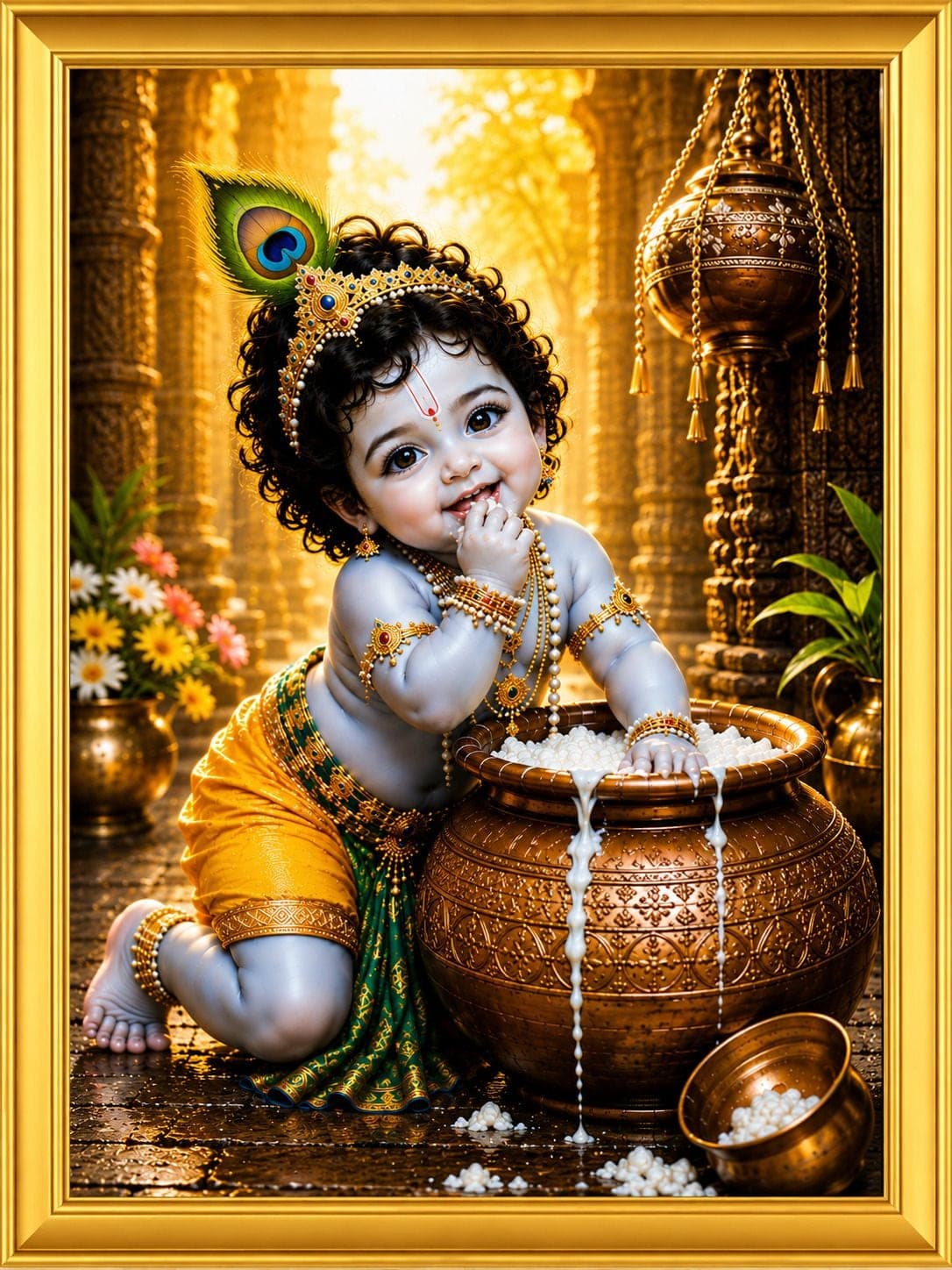 Baby Krishna Makhan Chor MDF Wall Painting with Premium Golden Frame — 24x19 cm