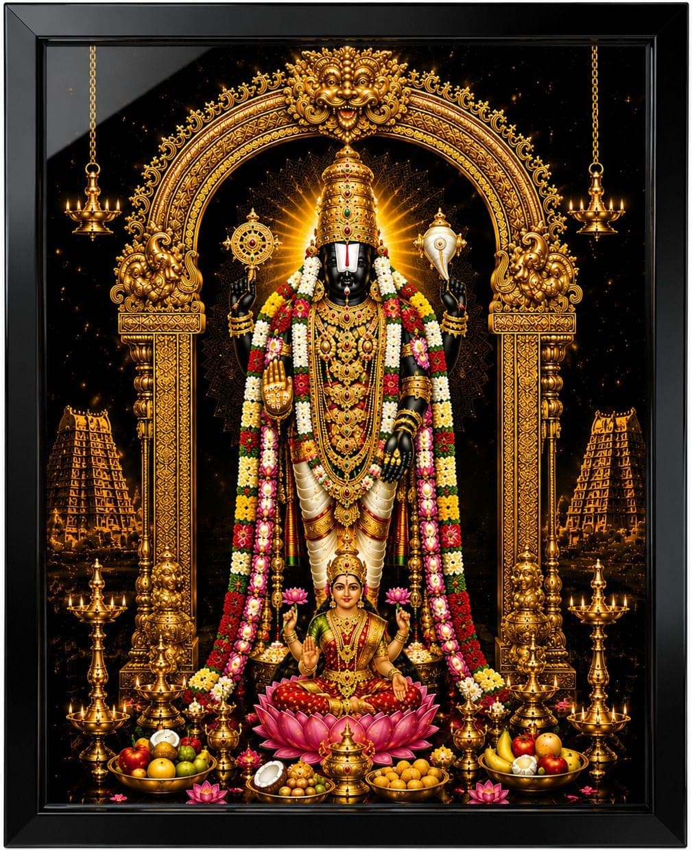 Tirupati Balaji with Laksmi ji HD Glossy MDF Painting with Black Canvas Frame — 60x45 cm