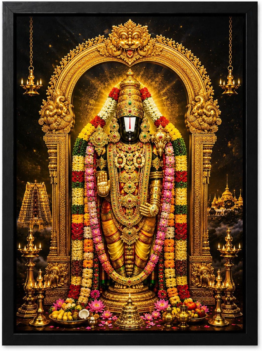 Tirupati Balaji HD Glossy MDF Painting with Black Canvas Frame — 45x30 cm