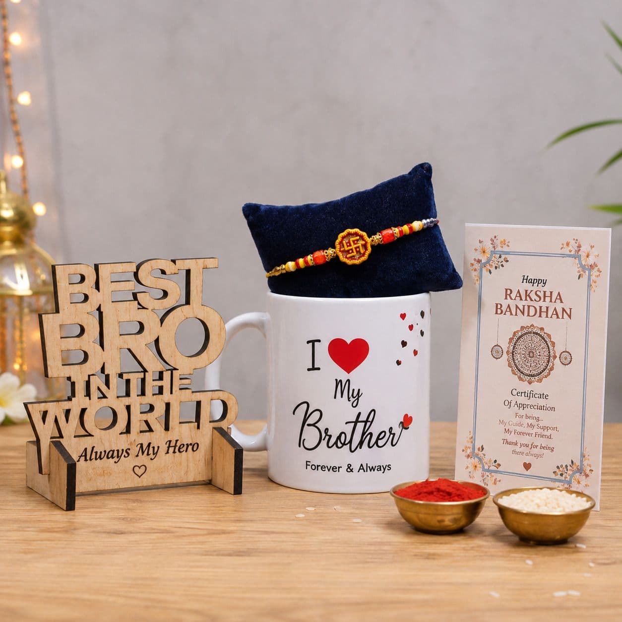 Designer rakhi-mug010 Assorted Mug, Trophy Set by SUNINOW (1 rakhi for bhaiya, roli, chawal, 1 trophy, mug)