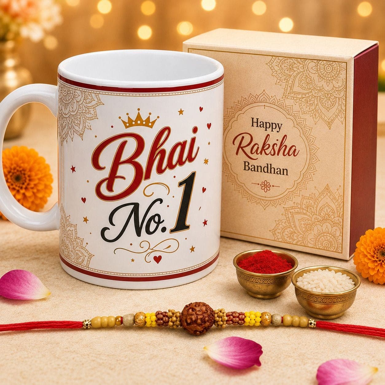 Designer rakhi-mug03 Assorted Mug Set by SUNINOW (1 Rakhi :: 1 Mug :: 1 Gift Box :: 1 Roli :: 1 Chawal)