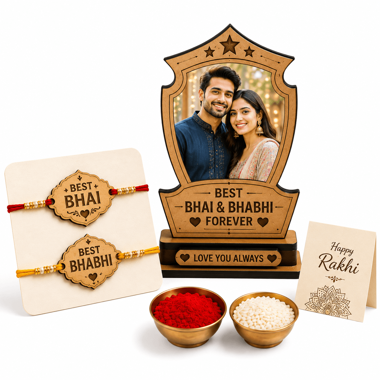 Customized Photo Trophy with Best Bhai MDF Rakhi, Roli Chawal | Personalized Raksha Bandhan Gift Set for Brother | Rakhi Gift Hamper for Bhai