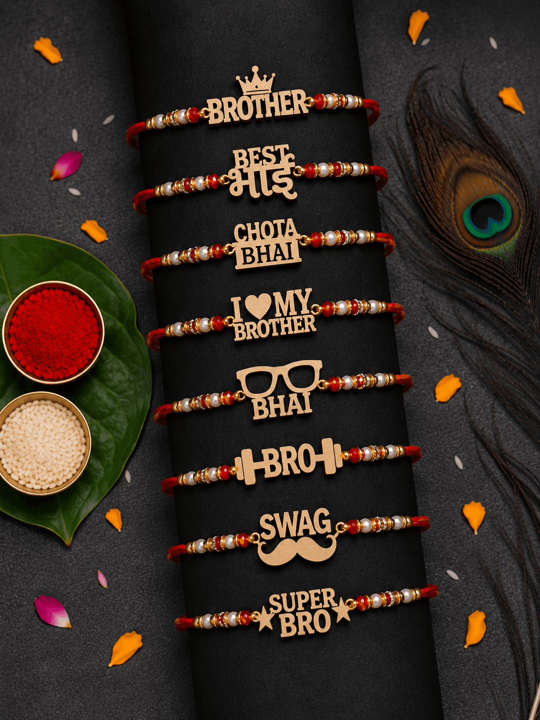VCARTNOW MDF Wooden Designer Rakhi for Brother | Set of 8 Stylish Bhai Rakhis with Red Thread, Pearl & Golden Beads | Brother, Best Bhai, Chota Bhai, Super Bro Rakhi Set for Raksha Bandhan