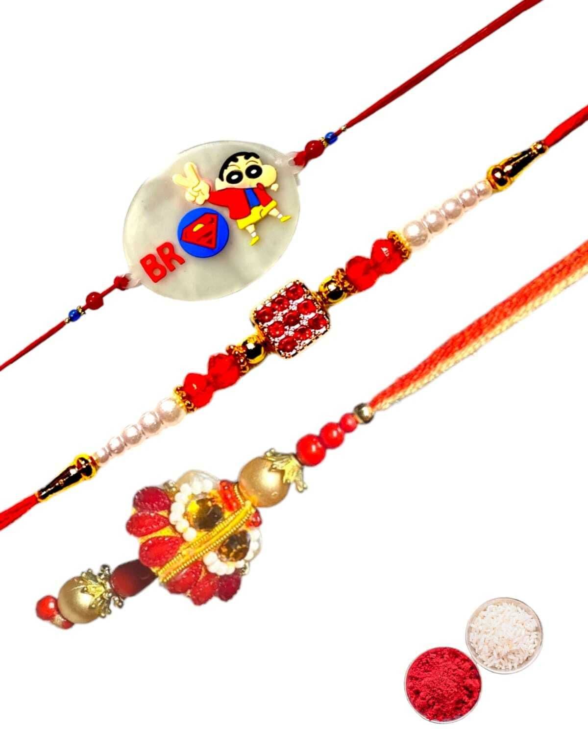 SUNINOW Bhaiya Bhabhi BBK42 Assorted Rakhi Set (1 RAKHI FOR BROTHER, RAKHI FOR BHABHI, RAKHI FOR KIDS, ROLI)