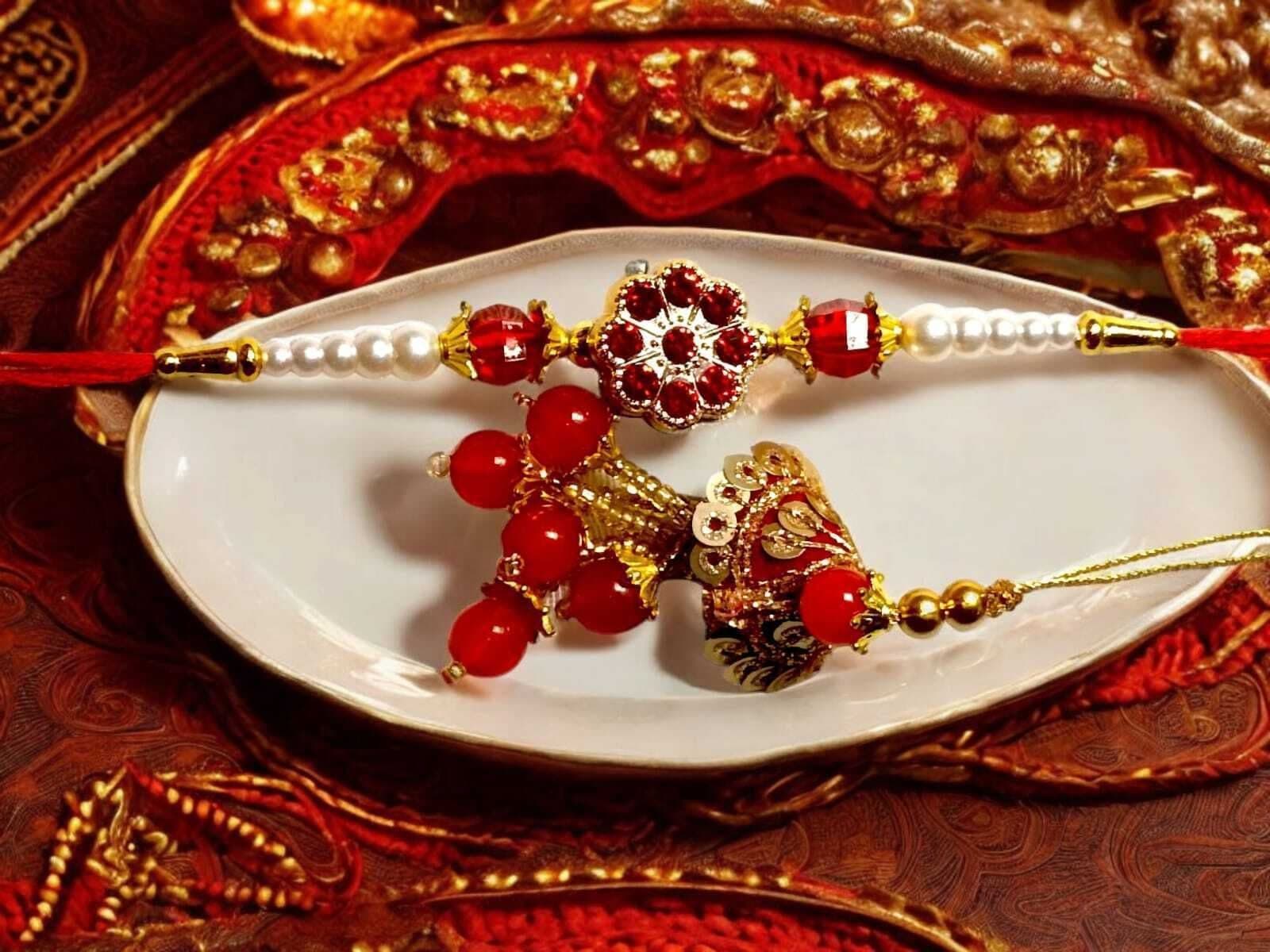 SUNINOW Bhaiya Bhabhi RS-30 Zardosi Rakhi Set (1 rakhi for brother , 1 rakhi for bhabhi)