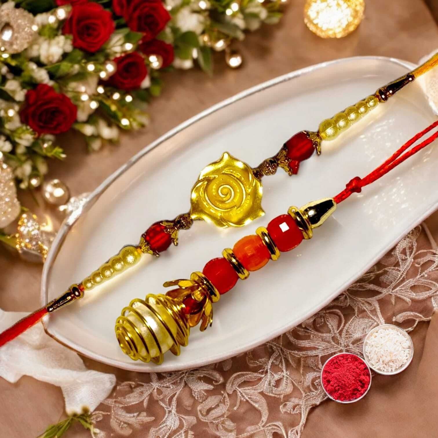 SUNINOW Bhaiya Bhabhi RS-02 Zardosi Rakhi Set (1 rakhi for brother , 1 rakhi for bhabhi)