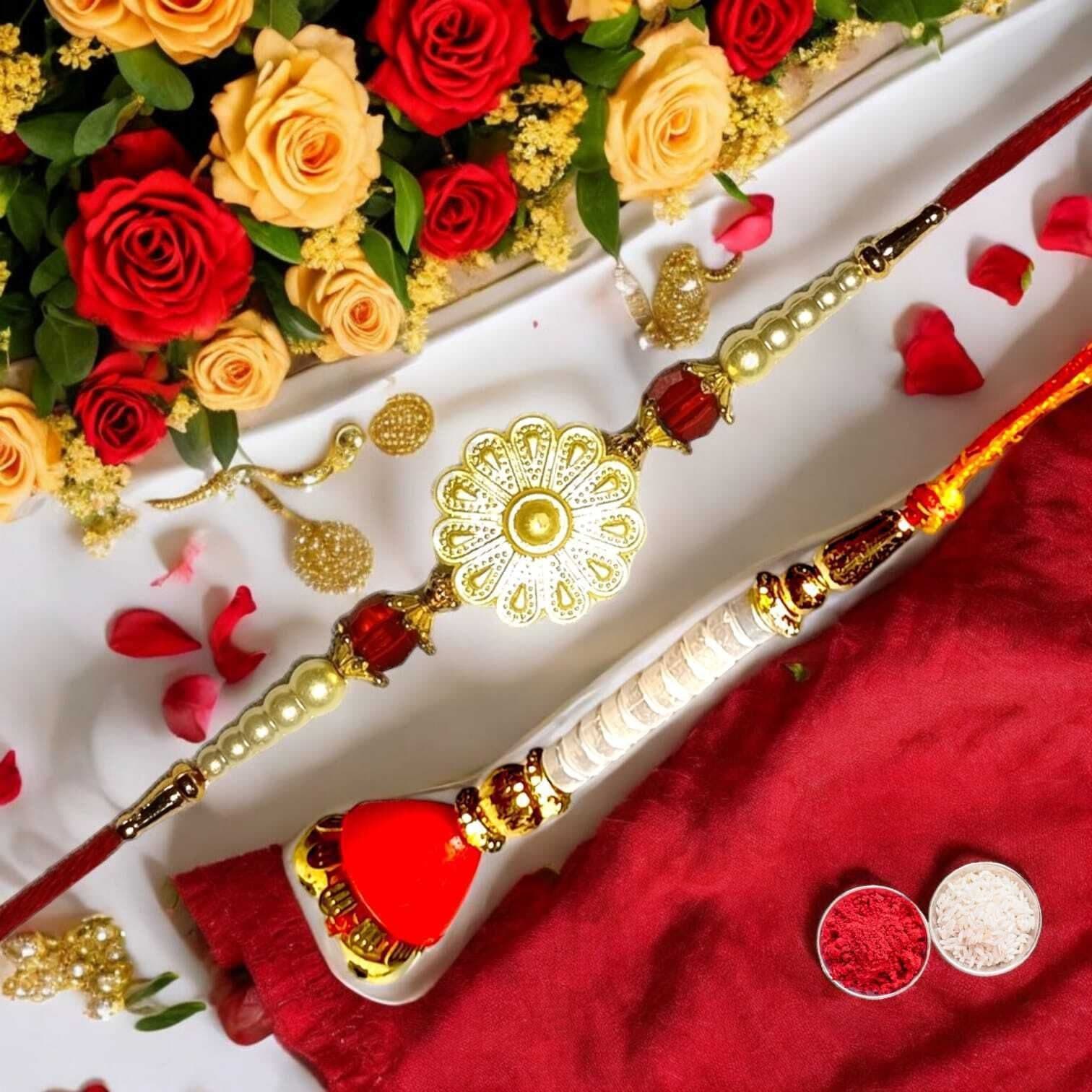 SUNINOW Bhaiya Bhabhi RS-07 Zardosi Rakhi Set (1 rakhi for brother , 1 rakhi for bhabhi)