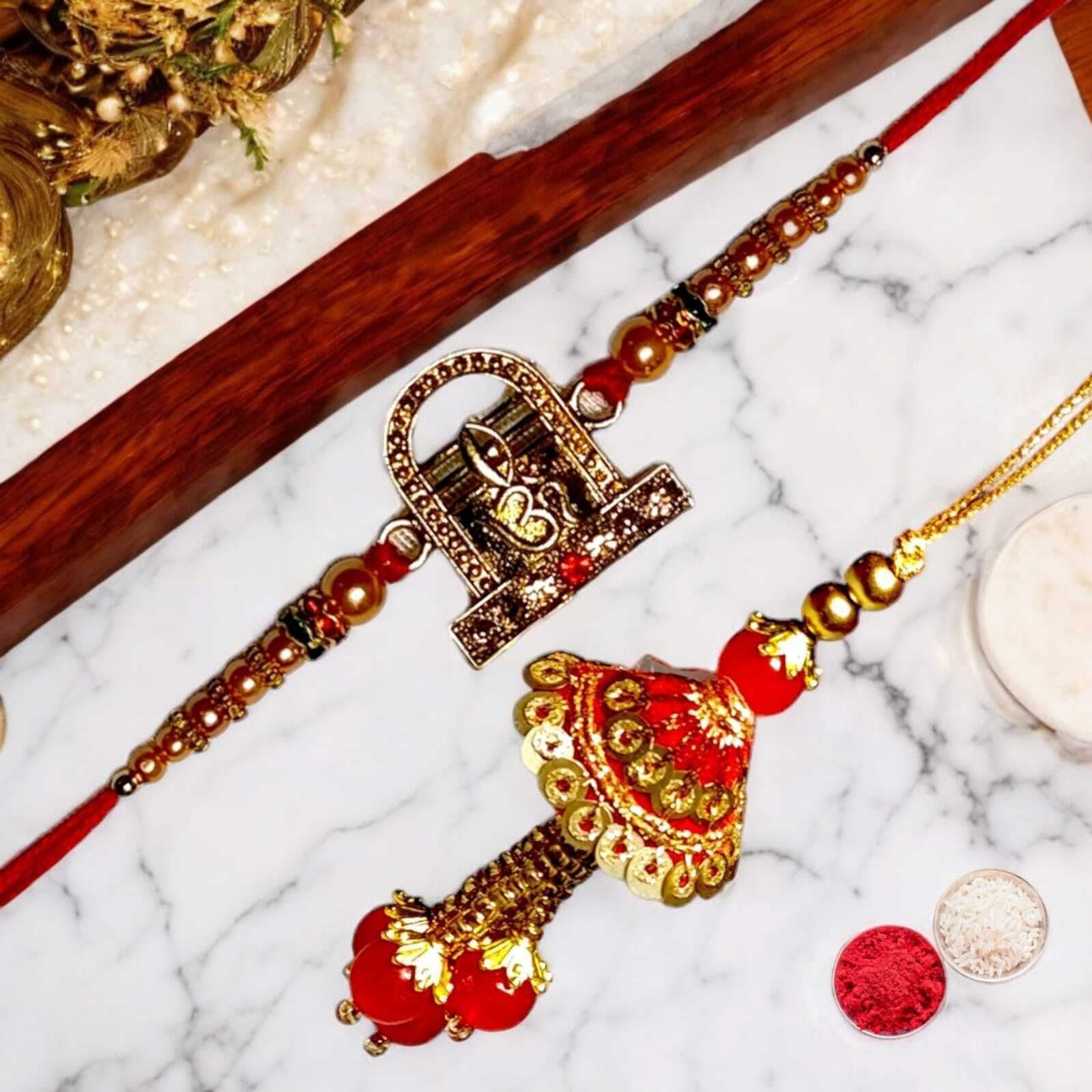 SUNINOW Bhaiya Bhabhi RS-11 Zardosi Rakhi Set (1 rakhi for brother , 1 rakhi for bhabhi)