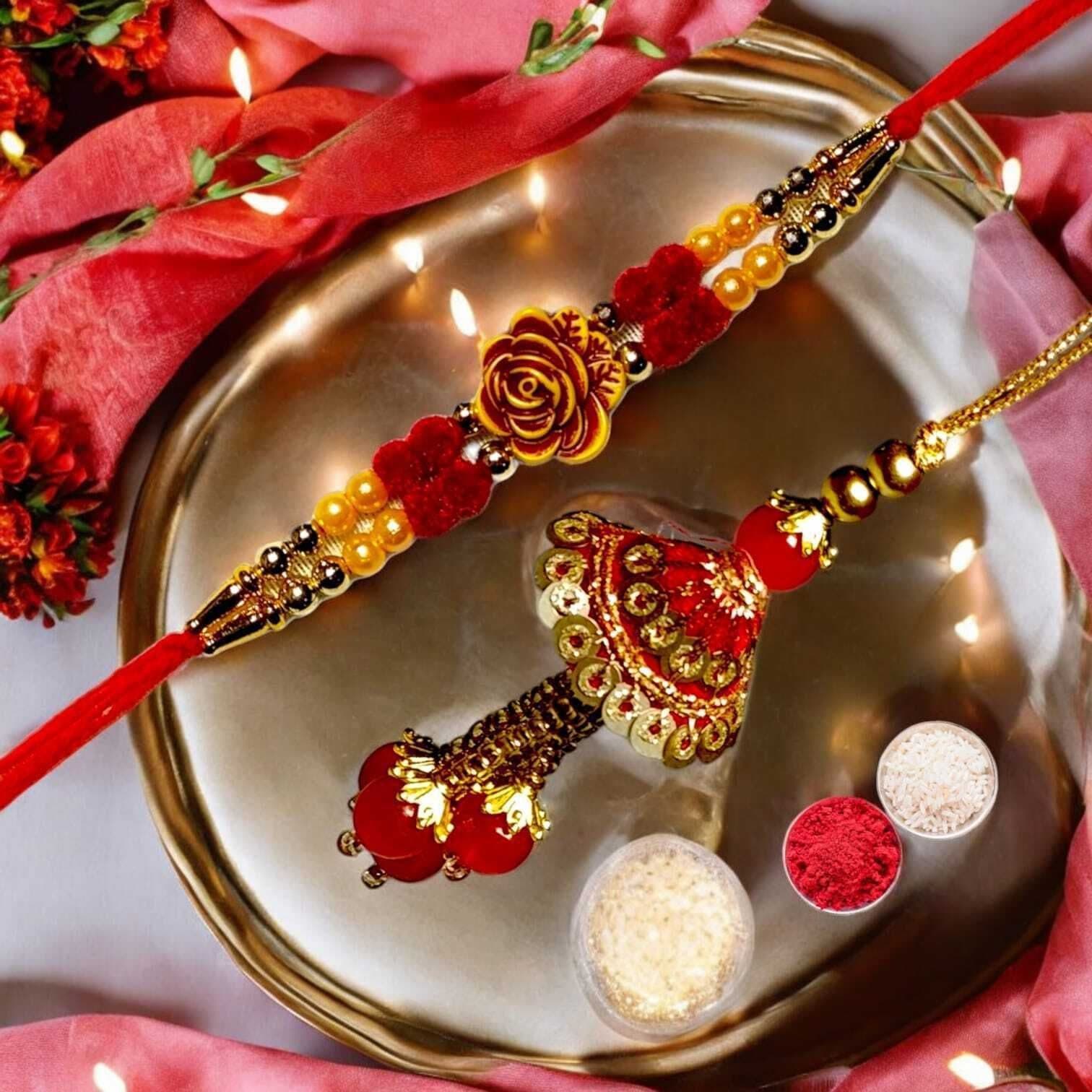 SUNINOW Bhaiya Bhabhi RS-20 Zardosi Rakhi Set (1 rakhi for brother , 1 rakhi for bhabhi)
