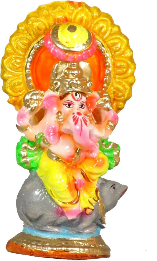 Ganesh Laxmi Ji Idol For Diwali | Ganesh Idol On Rat And Laxmi Ji Idol On Owl Decorative Showpiece - 13.5 Cm (Terracotta, Multicolor)