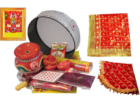 Karwachauth Thali With Full Size Chunni And Thali Coverf And 16 Shringar Silver Plated (33 Pieces, Multicolor)