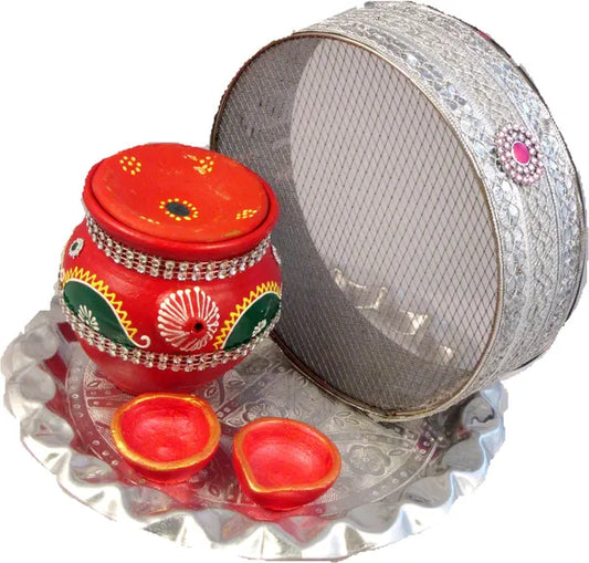 Karwachauth Thali Set | Karwa For Karwachauth | Karwachauth Silver Plated (5 Pieces, Multicolor)