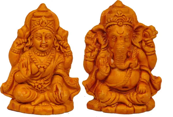 Laxmi Ganesha Statue Mitti Cool Terracotta Clay Ganesh Laxmi Idol Decorative Showpiece - 10 Cm (Terracotta, Brown)