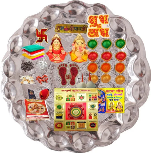 Diwali Pooja Thali|Diwali Pooja Silver Plated (35 Pieces, Multicolor)