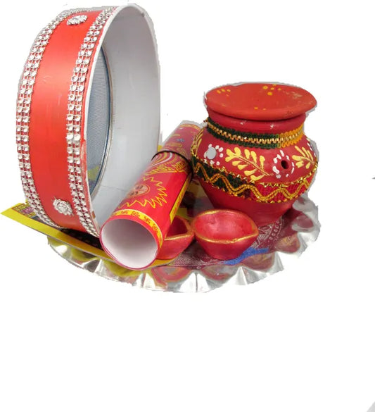 Karwachauth Pooja Thali Set| Karwachauth Thali Set | Krwa Chauth Thali Silver Plated (7 Pieces, Multicolor)