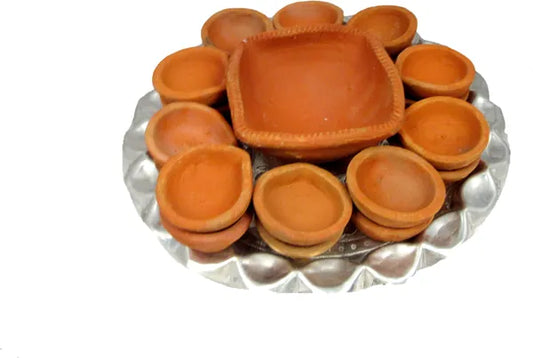 Handmade Clay Diya Diwali Pooja Thali | Diya For Diwali Terracotta (21 Pieces, Brown)