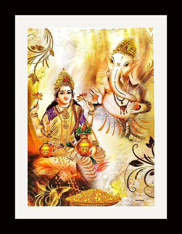 Photo & Frame Ganesha Laxmi Ji Wall Painting Embossed 48 Inch X 37 Inch Painting (With Frame)