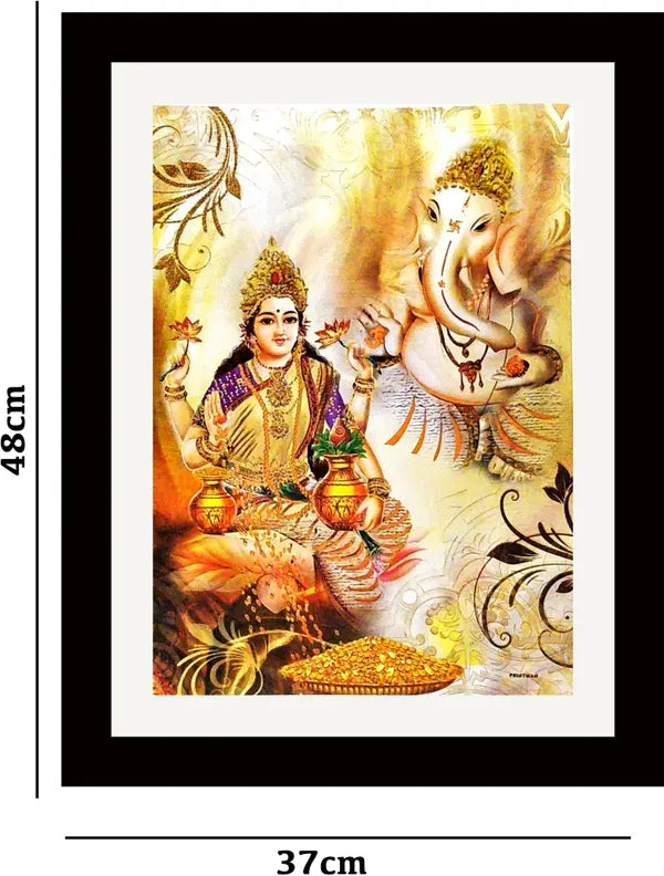 Photo & Frame Ganesha Laxmi Ji Wall Painting Embossed 48 Inch X 37 Inch Painting (With Frame)