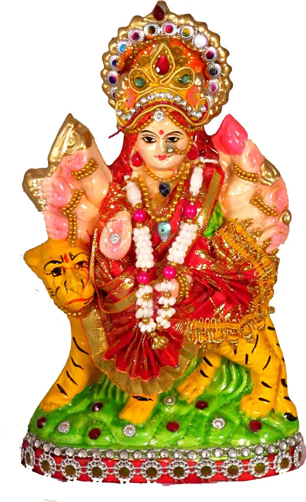 Goddess Maa Durga Devi Idol Statue Sherawali Mata Rani Religious Murti Decorative Showpiece - 17 Cm (Clay, Multicolor)