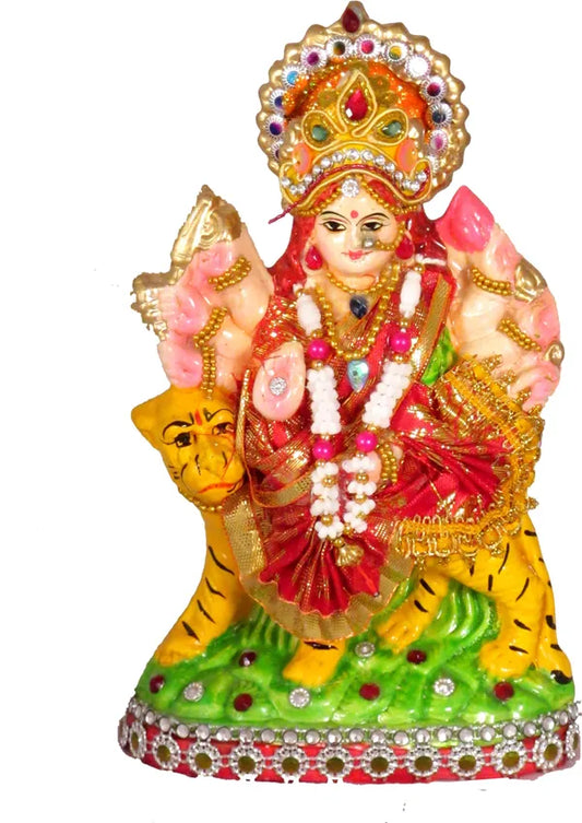 Goddess Maa Durga Devi Idol Statue Sherawali Mata Rani Religious Murti Decorative Showpiece - 17 Cm (Clay, Multicolor)