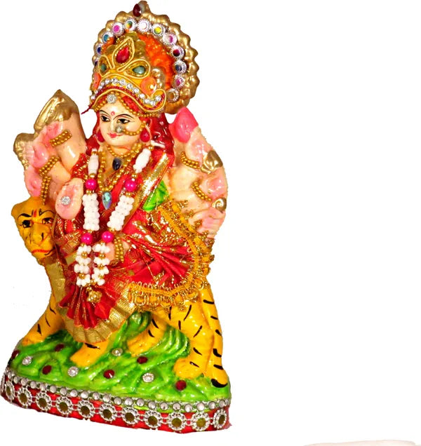 Goddess Maa Durga Devi Idol Statue Sherawali Mata Rani Religious Murti Decorative Showpiece - 17 Cm (Clay, Multicolor)