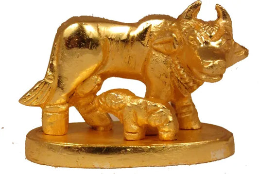 Brass Cow & Calf Sculputer Handicraft Brass Idol Decorative Showpiece - 4 Cm (Brass, Gold)