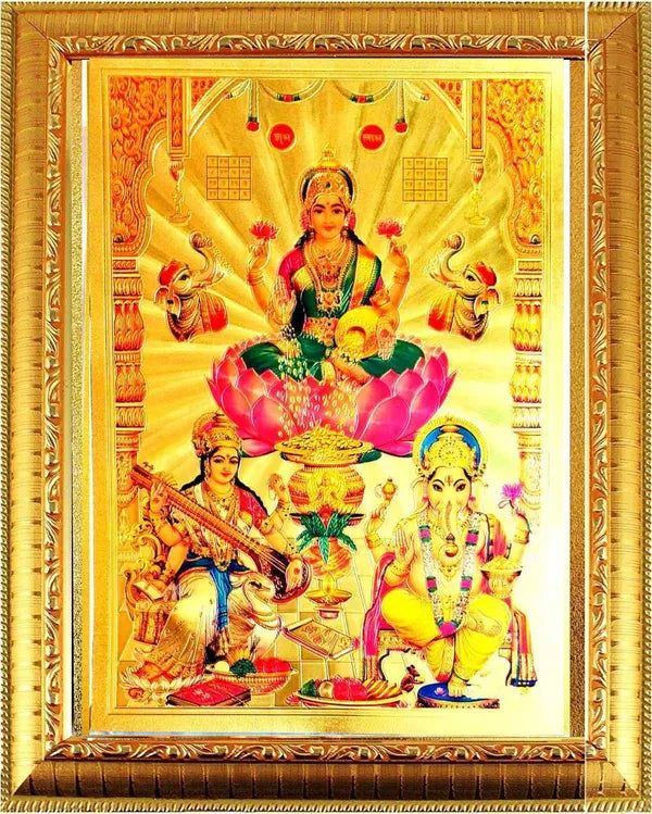 Photo & Frame Laxmi Ganesh Saraswati With Gold Plated Photo And Golden Frame | God Photos