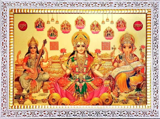 Photo & Frame Laxmi Ganesh Saraswati With Asht Laxmi With White Frame |