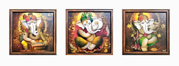 Photo & Frame 3 Ganesha Wall Paintings With Frame For Living Room Wall Hanging Digital Reprint 13 Inch X 13 Inch Painting (With Frame, Pack Of 3)