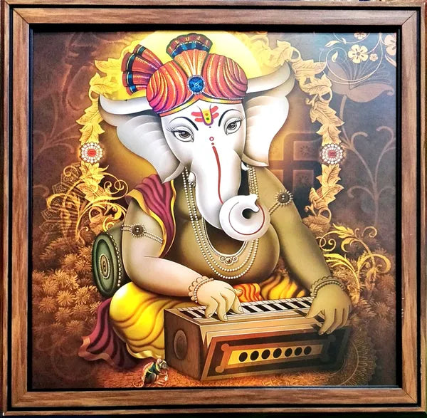 Photo & Frame 3 Ganesha Wall Paintings With Frame For Living Room Wall Hanging Digital Reprint 13 Inch X 13 Inch Painting (With Frame, Pack Of 3)