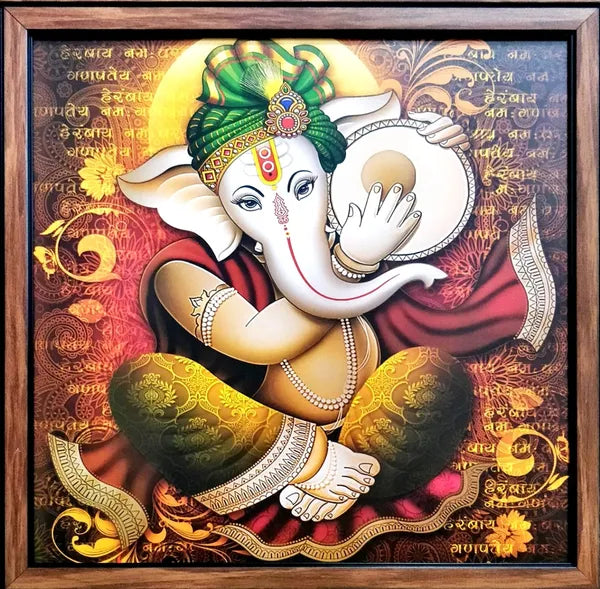 Photo & Frame 3 Ganesha Wall Paintings With Frame For Living Room Wall Hanging Digital Reprint 13 Inch X 13 Inch Painting (With Frame, Pack Of 3)