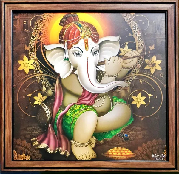 Photo & Frame 3 Ganesha Wall Paintings With Frame For Living Room Wall Hanging Digital Reprint 13 Inch X 13 Inch Painting (With Frame, Pack Of 3)