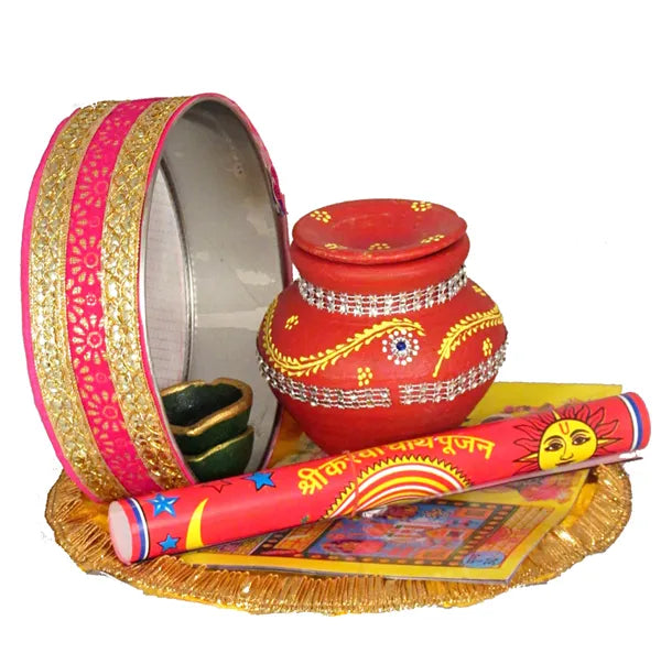 Terracotta Karwa With Karwachauth Thali | Karwachauth Pooja Thali Set Terracotta (7 Pieces, Multicolor)