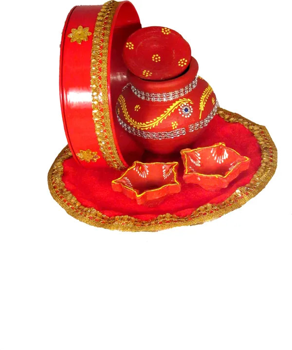 Karwachauth Thali Set | Karwa Chauth Pooja Thali Karwa Chauth Chalni Terracotta (5 Pieces, Red)