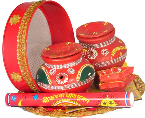 Terracotta Karwa With Karwachauth Thali | Karwachauth Pooja Thali Set Silver Plated (8 Pieces, Red)