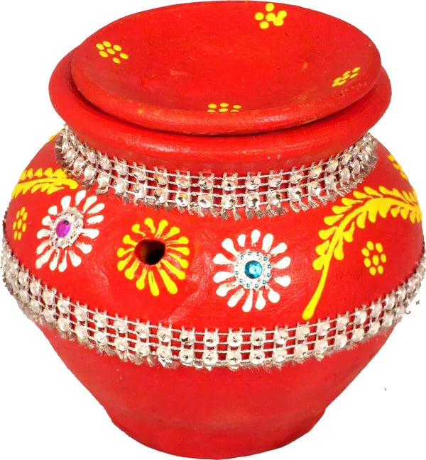 Terracotta Karwa With Karwachauth Thali | Karwachauth Pooja Thali Set Silver Plated (8 Pieces, Red)