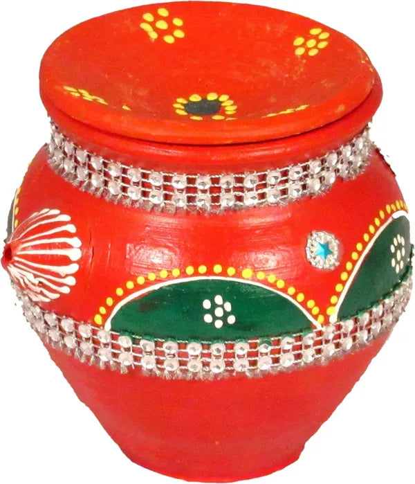 Terracotta Karwa With Karwachauth Thali | Karwachauth Pooja Thali Set Silver Plated (8 Pieces, Red)