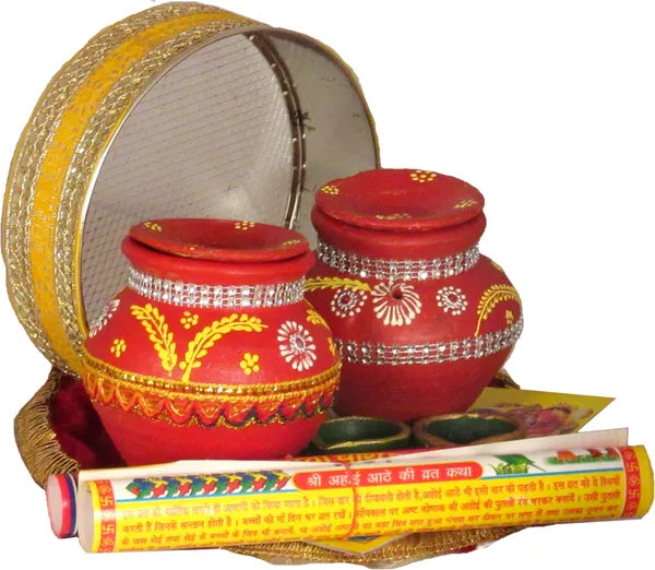 Karwa Chauth And Ahoi Ashtami Pooja Thali Set|Karwachauth Thali Set |Karwa Chauth Thali Terracotta (8 Pieces, Yellow, Maroon, Red)