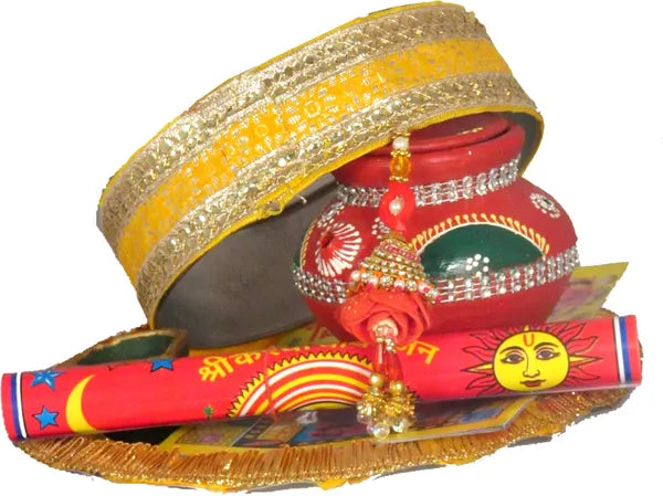 Decorated Karwa Chauth Plate With Karwa Chauth Chalni With Karwa | Karwa Chauth Pooja Thali | (7 Pieces, Yellow, Maroon)