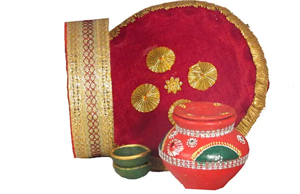 Karwa Chauth Pooja Thali Set|Karwachauth Thali Set |Karwa Chauth Thali Maroon With Karwa And Chalni Terracotta (5 Pieces, Maroon, Gold)