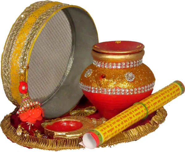 Golden Terracotta Karwa With Karwachauth Thali | Karwachauth Pooja Thali Set Terracotta (7 Pieces, Multicolor)