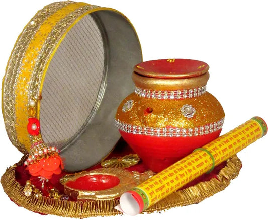 Golden Terracotta Karwa With Karwachauth Thali | Karwachauth Pooja Thali Set Terracotta (7 Pieces, Multicolor)